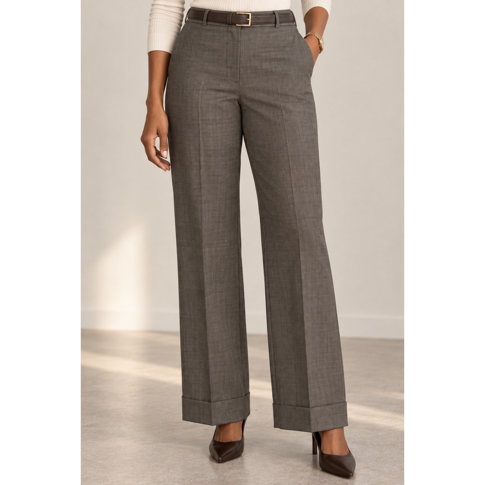Ann Taylor Audrey 100% Wool Trousers 8 Brown Gray Micro Check Cuffed Minimalist